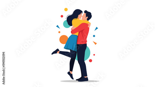 Loving young couple hugging each other tightly with colorful abstract shapes in the background symbolizing romance and passion.