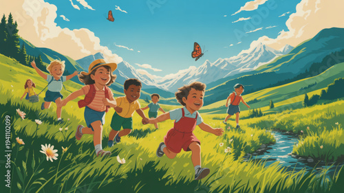 Children running in a green meadow with mountains and butterflies
