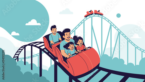 Happy family with two children enjoying a thrilling ride on a red roller coaster at a theme park with high tracks and clouds.