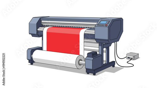 Professional large format plotter printing a bright red roll of paper in a modern industrial or commercial print shop facility.