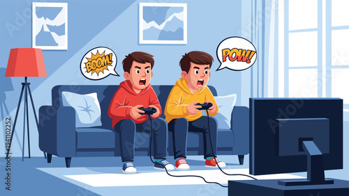 Two young boys sitting on a blue sofa and playing intense video games with controllers and shouting during an exciting match.