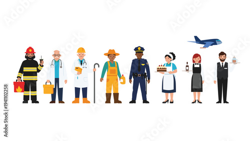 Lineup of diverse people representing different professional occupations including firefighter, doctor, chef, waiter, and more.