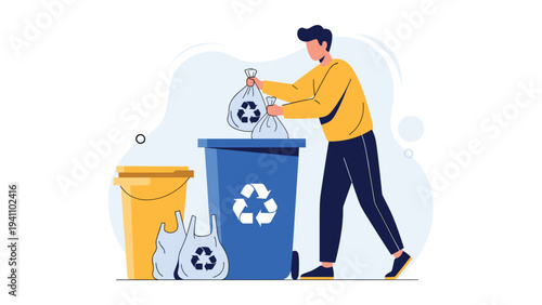 Responsible man disposing of plastic bags and general waste into a blue recycling bin to promote global environmental protection.