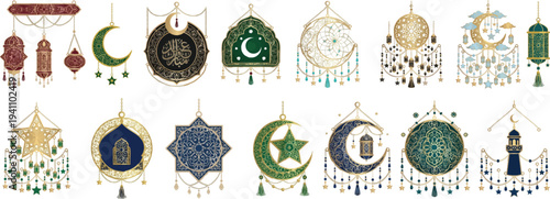 Web Islamic Hanging Ornament Vector Bundle with Moon, Star, and Lantern Designs, Luxury Gold and Green Eid Mubarak Decorations for Ramadan Kareem and Eid al-Fitr Celeb