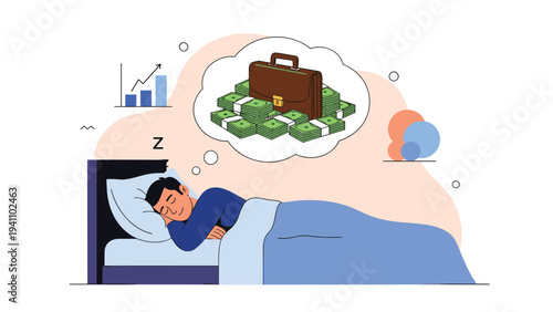 Happy man sleeping peacefully in bed and dreaming about a briefcase full of money and a stack of cash for financial success.