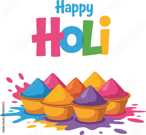 A charming illustration for the Holi festival, showcasing the 'Happy Holi' greeting in delightful, colorful bubble letters positioned above a lovely arrangement of small earthen bowls