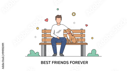Young man sitting comfortably on a wooden park bench with his loyal brown dog beneath a best friends forever caption.