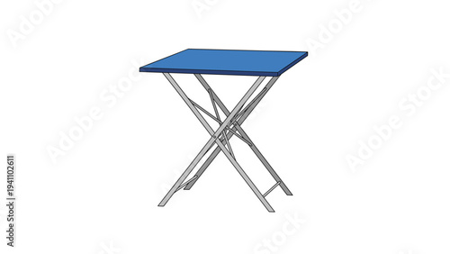 Portable folding table with a blue rectangular top and silver metal legs shown from a perspective view on white.