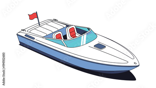 Sleek white and blue motorboat with red seats and a small red flag at the stern isolated on a white background.