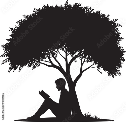 A person reading a book under the shade of a large tree silhouette vector