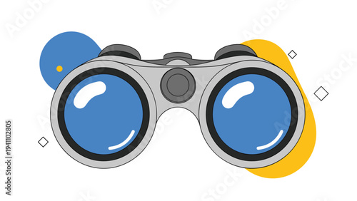 Classic pair of grey binoculars with blue lenses shown against an abstract background of blue and yellow shapes.