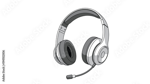 Professional gaming headset with a microphone and comfortable ear cushions shown in a grey scale illustration.