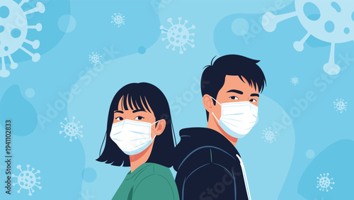 Young man and woman wearing protective face masks with various virus particles floating in the blue background.