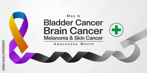 May is National Bladder, Brain, Melanoma And Skin Cancer Awareness Month. Ribbon and plus icon. Suitable for posters, banners, social media and more. White background.