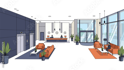 Elegant hotel lobby or office reception area featuring a front desk, seating areas, elevators, and large windows.