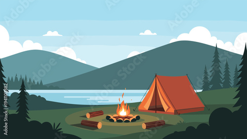 Peaceful campsite with a lit campfire and an orange tent set up near a calm lake with mountains in the distance.