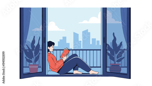 Relaxed person sitting on a balcony reading a red book with a view of the city skyline in the distant background.