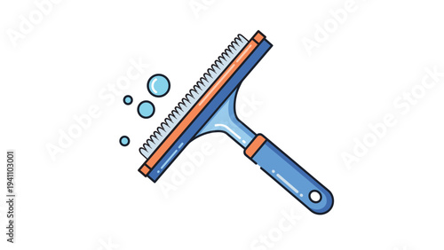 Professional window cleaning tool with a blue handle and squeegee blade surrounded by blue soap bubbles.