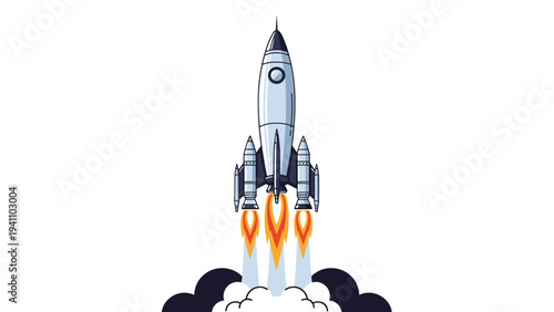 Powerful rocket ship blasting off with flames and smoke during a space mission launch against a white background.