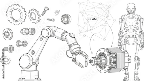 A robotic arm assembles a complex mechanical structure next to an abstract human skeletal outline illustrating advanced engineering.