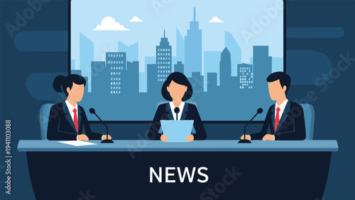 Group of news anchors sitting behind a desk in a television studio with a city skyline shown on the screen behind.
