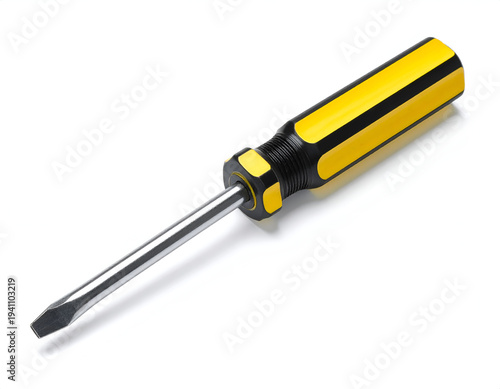 Yellow and black handled flathead screwdriver on white