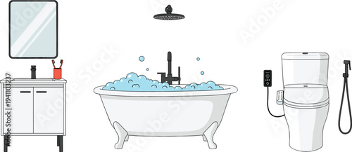 Modern bathroom interior set with white vanity cabinet bathtub with bubbles and smart toilet isolated on white background vector illustration.