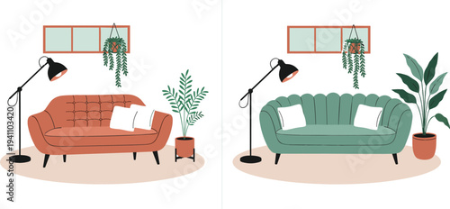 Set of two modern cozy living room interiors with comfortable sofas floor lamps and indoor potted plants isolated on white background vector illustration.