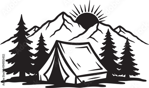 Camping in the mountains with a tent and trees