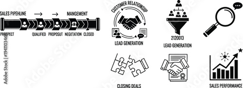 Business concepts are visualized through pipeline stages, handshake agreements, funnel diagrams, and upward trending bar charts for sales analysis.