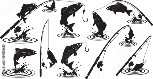 Fish jumping out of water with fishing rods silhouettes