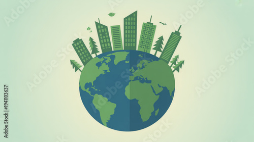 Earth with green cityscape and trees emerging from it symbolizing eco friendly urban development and sustainability