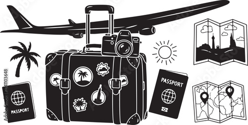 Travel and adventure icons in black and white illustration