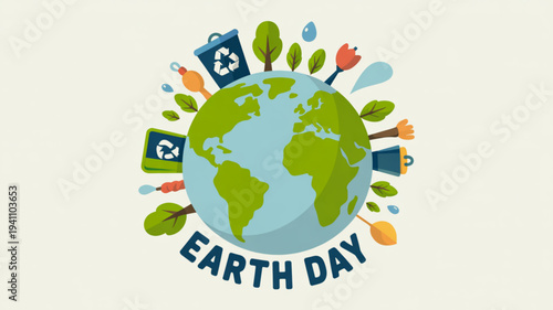 Earth day illustration with globe recycling symbols and eco friendly icons on beige background