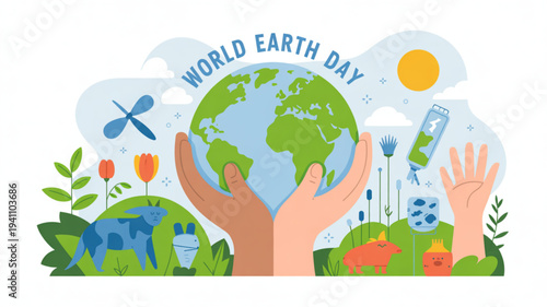 Hands holding earth with world earth day text and eco friendly icons around