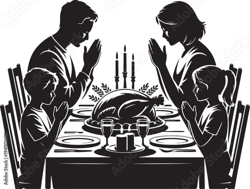 A silhouetted family gathers around a festive dinner table, bowing their heads in prayer before enjoying a traditional holiday meal together.