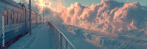 A train stops at a snowy station platform with a massive snowdrift under a colorful sunrise sky.