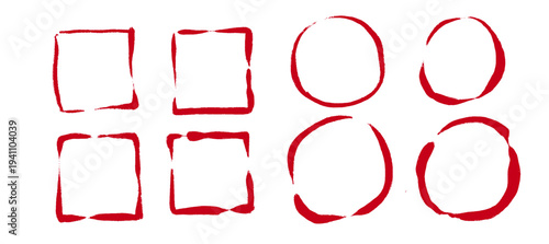 赤色の筆描きフレームセット 四角と丸の判子風デザイン ベクター