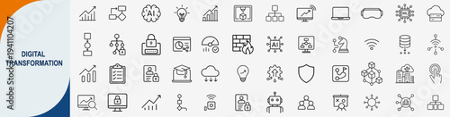 digital transformation and technology outline icons, futuristic business vector set