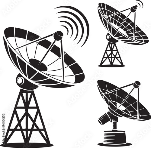 Satellite dish and radar antenna vector icon set Communication and broadcast technology symbols