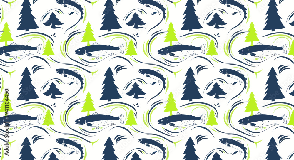 Obraz premium Seamless Pattern: Salmon Fish and Pine Trees, Abstract Swirls, Nature Motif