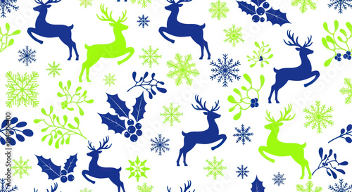 Festive Christmas Pattern: Reindeer, Holly, Snowflakes in Blue and Green