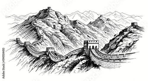 Great Wall of China Sketch - Ancient Fortifications on Mountainous Terrain