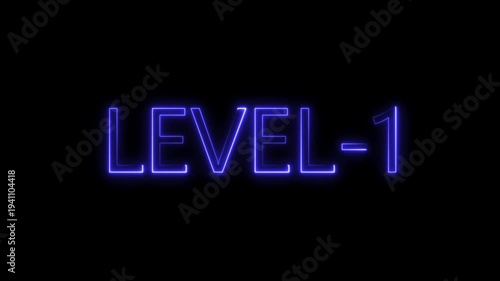 Blue Neon Level-1 Glowing Text Animation on Black Background: Futuristic Retro Game HUD Interface Design Element for Gaming, Level Up Progress, Digital Interface, and Cyberpunk Video Projects.