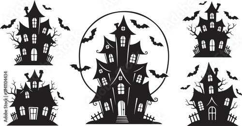Spooky Halloween haunted houses with bats and trees silhouettes