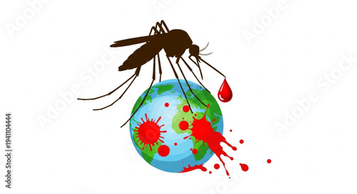 A menacing mosquito perched atop the globe, dropping blood, vividly depicting the pervasive threat of mosquito-borne diseases and their devastating impact worldwide