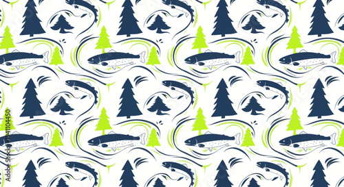 Seamless Pattern: Salmon Fish and Pine Trees, Abstract Swirls, Nature Motif