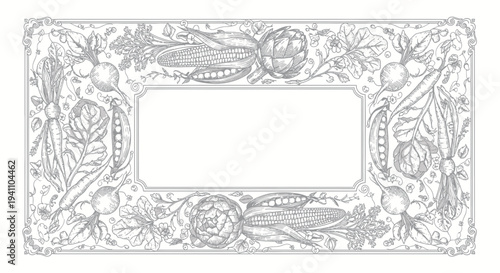 Vintage Vegetable Border Frame - Hand-drawn Botanical Illustration with Corn, Peas, Radish, Artichoke
