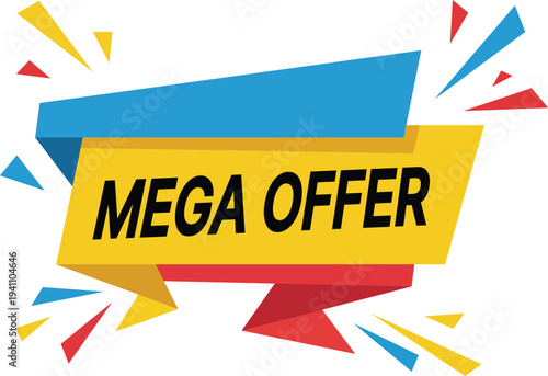 Yellow banner with blue and red accents and black text mega offer sale promotion marketing