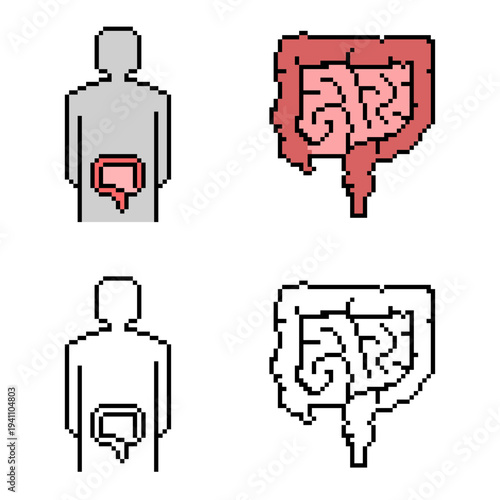 Set editable pixel intestines vector for retro medical games. Ideal for symbolizing 8-bit anatomy, digital health points, and nostalgic arcade biology.